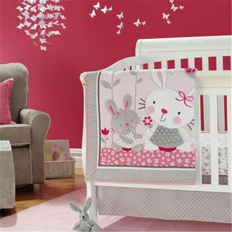 Beautiful Cotton Pink Baby Crib Bedding Kit Rabbit Baby Bedding Set Girls Infant Cot Kit With