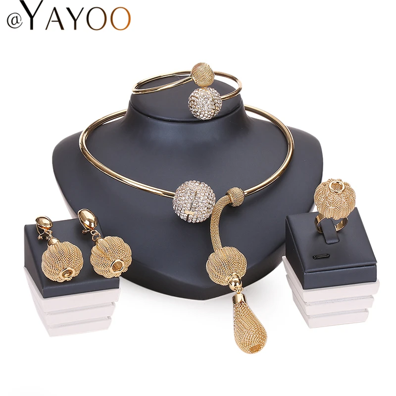 

Fashion Charm Gold Color Jewelry Sets For Women African Pandent Necklace Long Earrings Bracelet Rings Party Dress Accessories