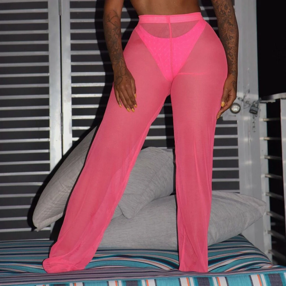 6 цветов, одноцветные сетчатые штаны для женщин, бикини, закрывающие штаны,, летние, размера плюс, высокая талия, пляжный купальник, сетчатые прозрачные брюки - Цвет: D Pink
