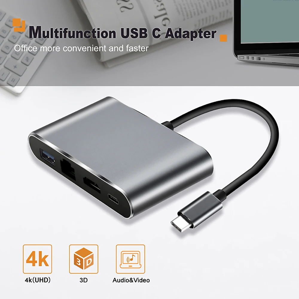 

Cabletime 4-in-1 USB C to HDMI USB 3.0 Hub Adapter Lan RJ45 Network Type C to Ethernet Adapter with HDMI 4K Port for HDTV PC