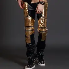 Сценическая индивидуальность мужские брюки мотоциклетные кожаные брюки мужские брюки для пения, танцев Рок мода молния уличный стиль звезда золото