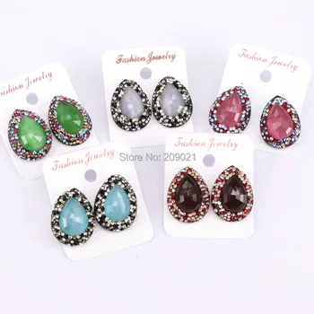 

8Pair Fashion Jewelry Mix Color Crystal Pave Cat Eye Stone Water Drop Shape Stud Earring For Women Gift