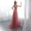 Beading Evening Dress 2022 V-Neck Pink High Split Tulle Sweep Train Sleeveless Prom Gown A-line Lace Up Backless Vestido De ► Photo 2/6