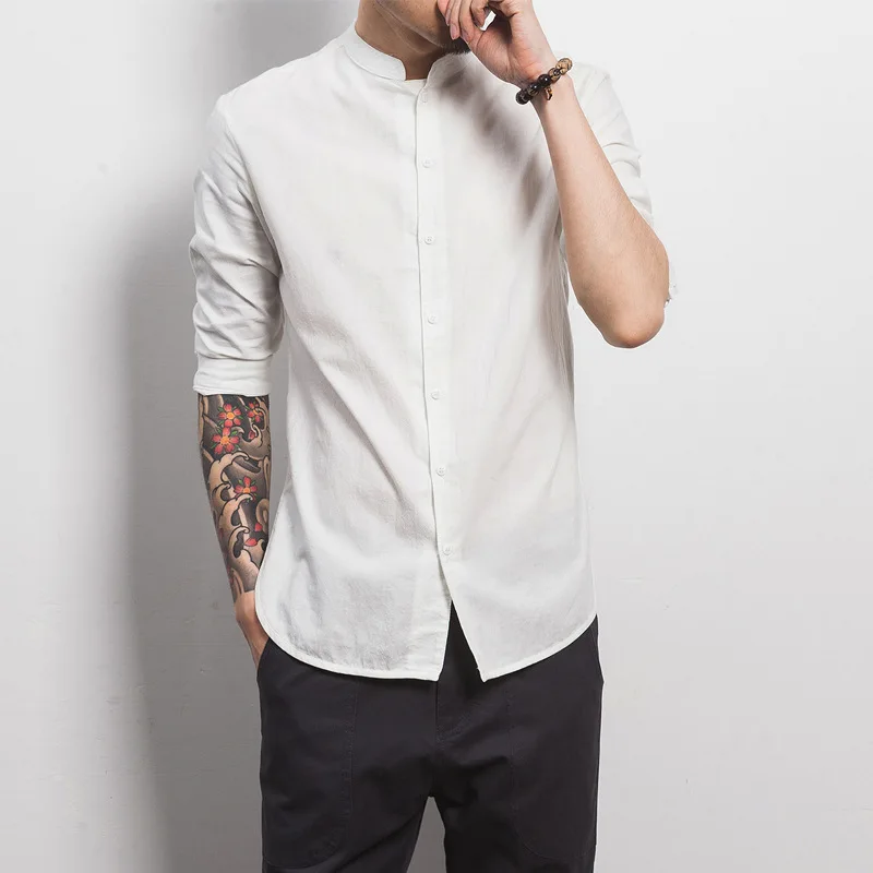 And Summer Of 2017 New font b Men s b font Linen Cotton Small Collar White