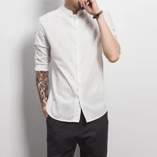 And Summer Of 2017 New Men’s Linen Cotton Small Collar White Shirt Bottoming Shirt Leisure Slim Male Seven Sleeve