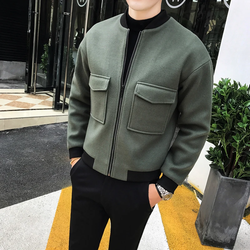 

Woolen Jacket British Style Autumn Winter Men's Fine Wool Jacket Men's Fashion Stereo Sticker Baseball Collar Casual Jacket