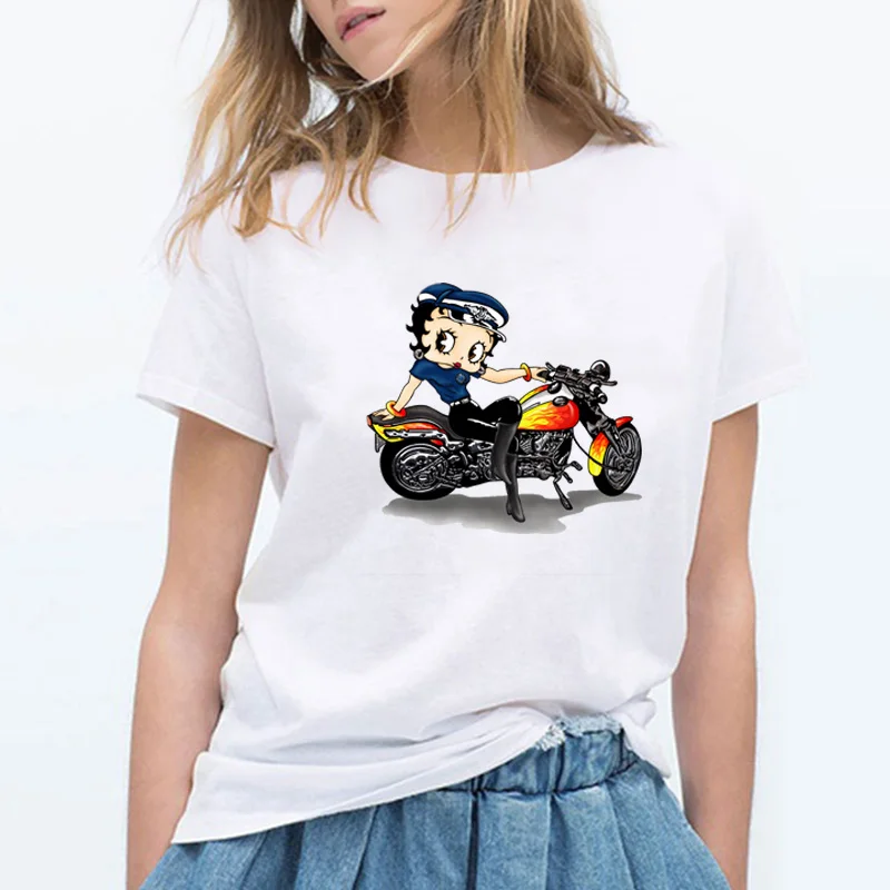 

New Fashion Harajuku Cute Graphic BETTY BOOP Riding a motor vehicle women tshirt Print Short Sleeve Tee Top Cool Femme T Shirt