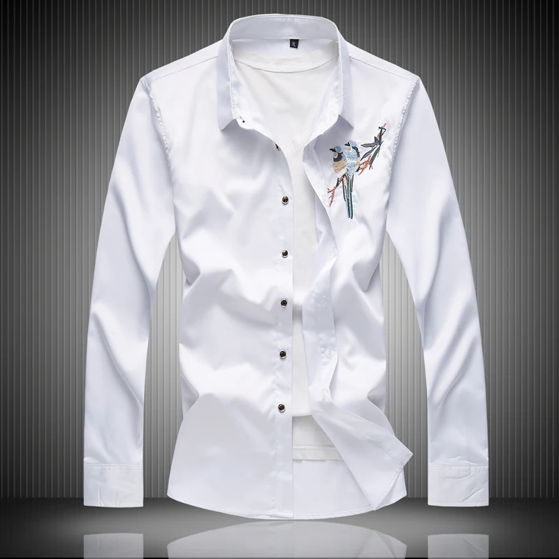 Spring Autumn Male Embroidery Shirt Floral Animal Long Sleeve Casual Tops