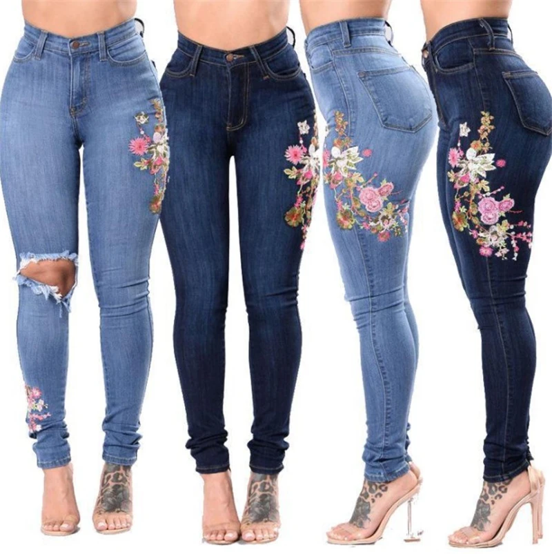 floral embroidery skinny jeans female Casual high waist jeans full