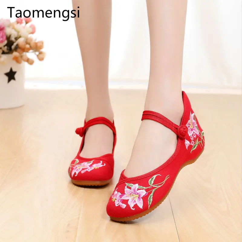 

Taomengsi's new Lily upgraded thicker ribbed embroidered cloth shoes square dancing RED shoes SIZE 34-41