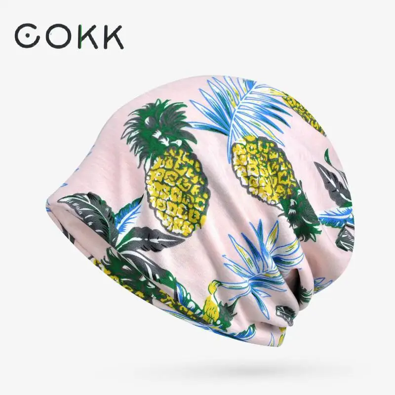 

COKK Brand Ponytail Beanie Pineapple Leaf Pattern Autumn Summer Hats For Women Men Beach Sunscreen Headgear Headwrap Travel Cap