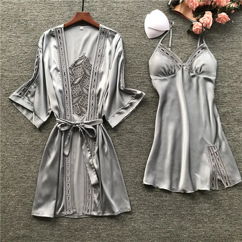 Women Robe& Gown Long Sleeve Ladies Nightwear Sets Sexy Lace Sleep Lounge Pijama Bathrobe Night Dress With Chest Pads - Цвет: Gray