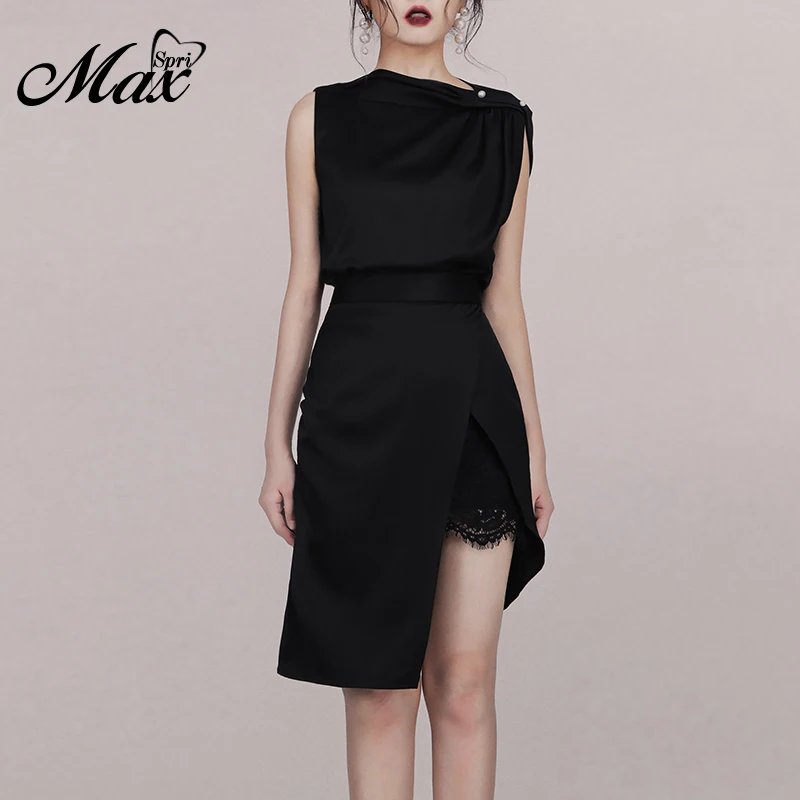 

Max Spri 2019 Summer New Arrivals Office Lady Slash Neck Sleeveless A Line Irregular Hemline Wrap Dress With Lace Inner Cloth