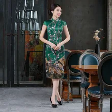 Green Vintage Print Flower Sexy Cheongsam Women Slim Chinese Style Party Dress Novelty Mandarin Collar Elegant Qipao