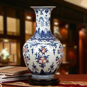 

Jingdezhen Porcelain High Quality Hand Painted Blue And White Glazed Red Porcelain Peach Flower Vase Chinese Household vase