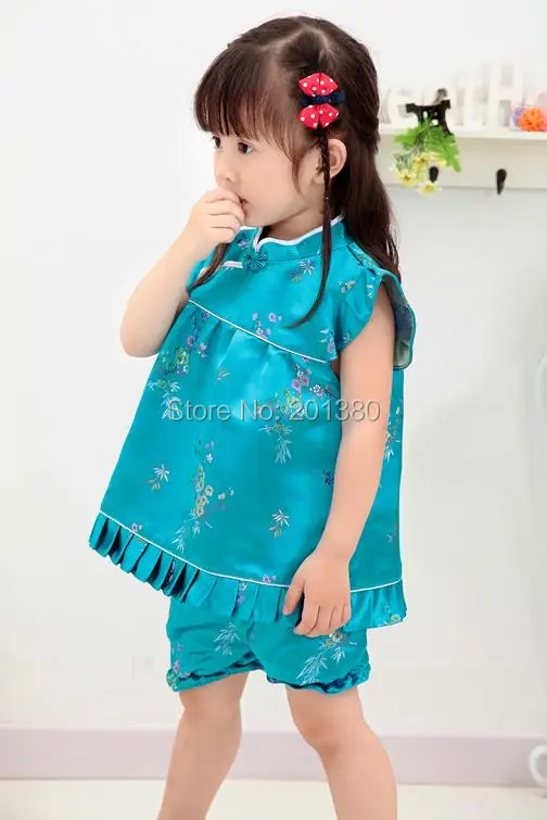 Новые летние детские комплекты Ципао с цветочным принтом, новогодние китайские платья для маленьких девочек, короткие штаны, костюмы чонсам