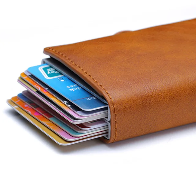 Europe Designer RFID Protection Men's Leather Credit Card Holder Double Aluminum Bank Card Protector Case ID Wallet For Man 5