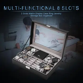 

Multi-Functional 8 Slots 2 Grids Watch Display Case Ring Jewelry Storage Box Organizer Watch Box Display Case