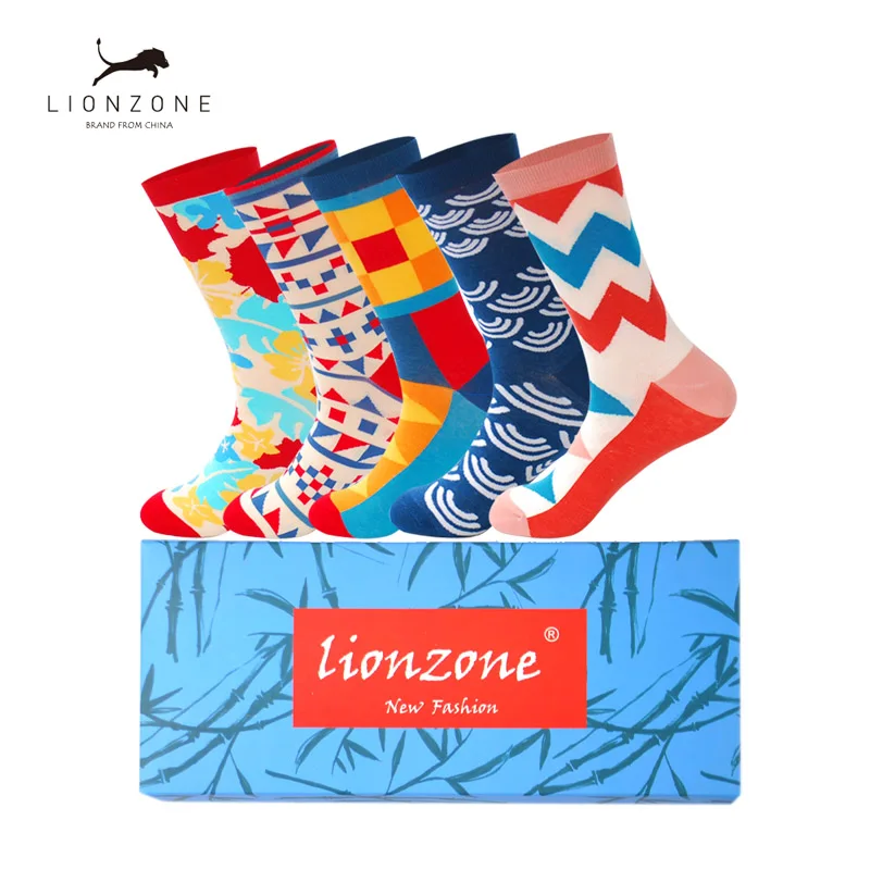 Весенние новые мужские цветные полосатые хлопковые носки с многогранными рисунками, жаккардовые носки хит цвета, длинные носки в горошек, 5 пар - Цвет: HSXZ-zh5-2-b
