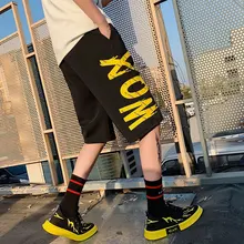 Мужские летние новые шорты мужские свободные прямые модные шорты мужские большие размеры личности буквы хлопок Принт до колена шорты