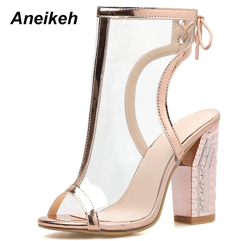 

Aneikeh 2019 PU Fashion Gladiator Transparent Sandals Solid Square High Heels Sandals Shallow Lace-Up Pink Silver Office 35-40