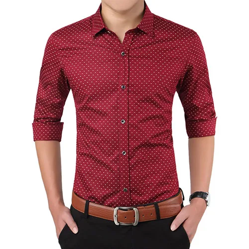 Новая коллекция модных осенних свитеров Для мужчин одежда Slim Fit Для мужчин рубашка с длинными рукавами Для мужчин в горошек Повседневное Для мужчин рубашка социальных размера плюс M-5XL - Цвет: Red