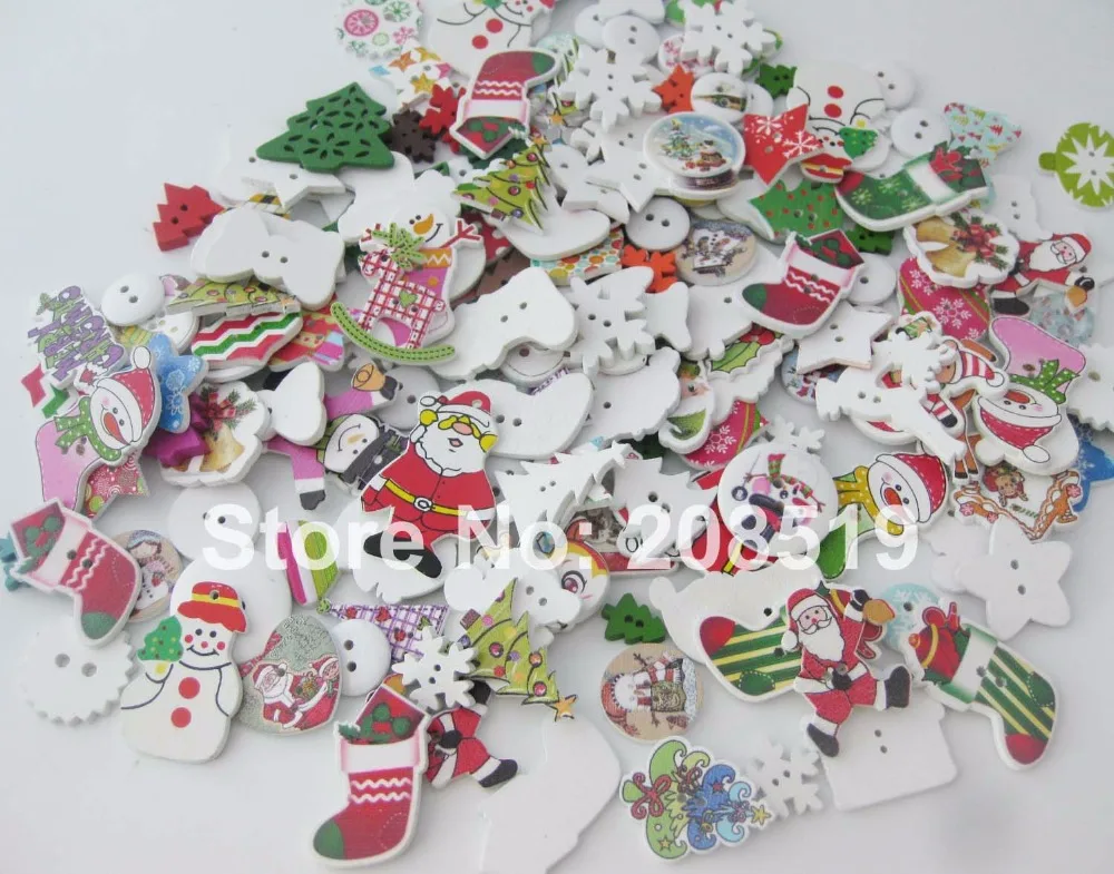 

WBNVVO Many christmas buttons mixed lots 100pcs Printed Wood Buttons ornament for home decoration
