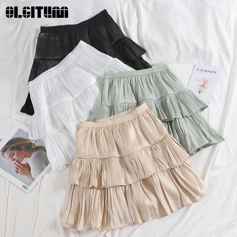 

Hot 2019 Summer Sweet High Waist Cake Skirts Women Korean Solid A-line Mini Layer Cake Skirt 4 Colors falda de mujer