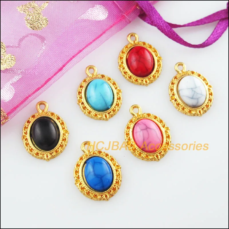 24 New Oval Flower Mixed Charms Stone Gold Color Pendant 13.5x18mm | Украшения и аксессуары