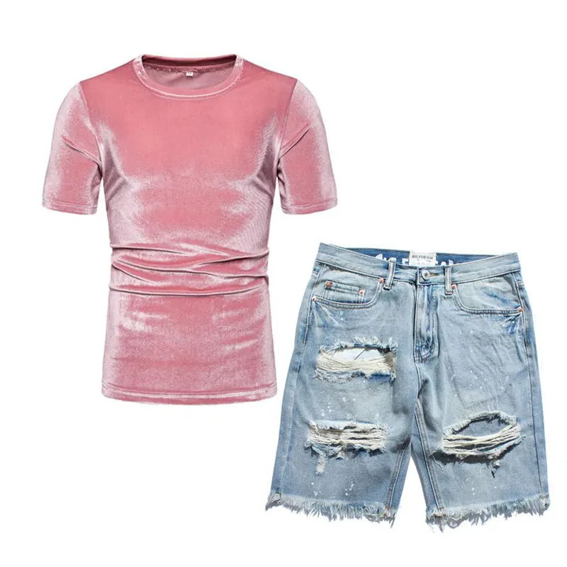 

Men Velvet T Shirt And Distressed Jean Shorts Set Fashion Outfit For Summer