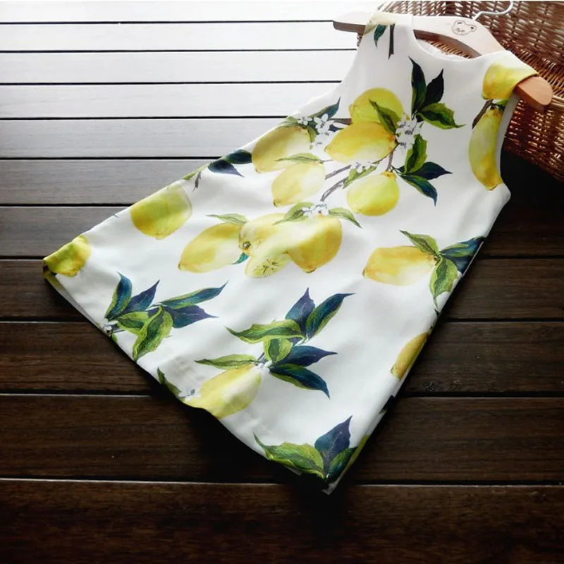 Yellow Girls Clothes Dresses Summer 2017 Brand Children Kids Dress Cotton Lemon Printed Baby Princess Dress
