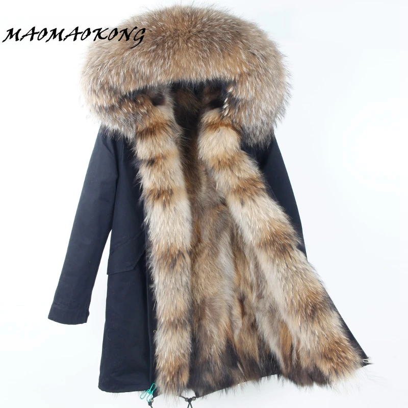 

2017 Real natural Fur Coat winter jacket Long Women Raccoon fur liner hooded parkas free shipping