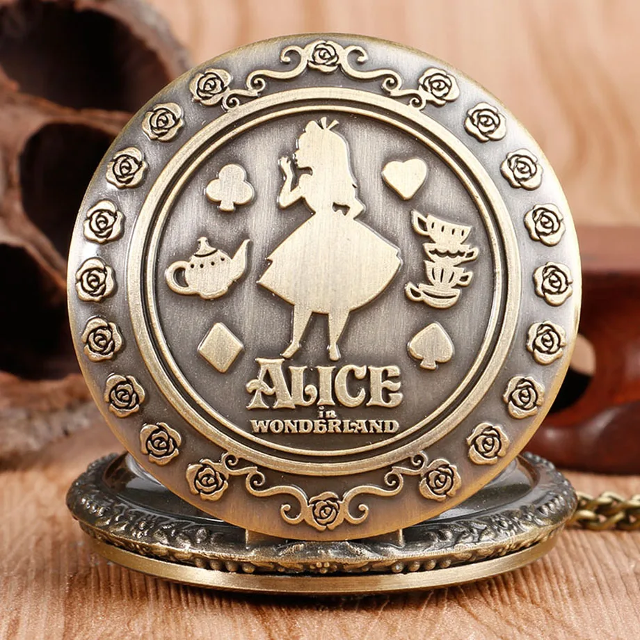 Hot Fashion Popular Girl Gift Alice Princess in Wonderland Bronze Antique Quartz Pocket Watch Women Lovely Pendant Fob Clock  (10)