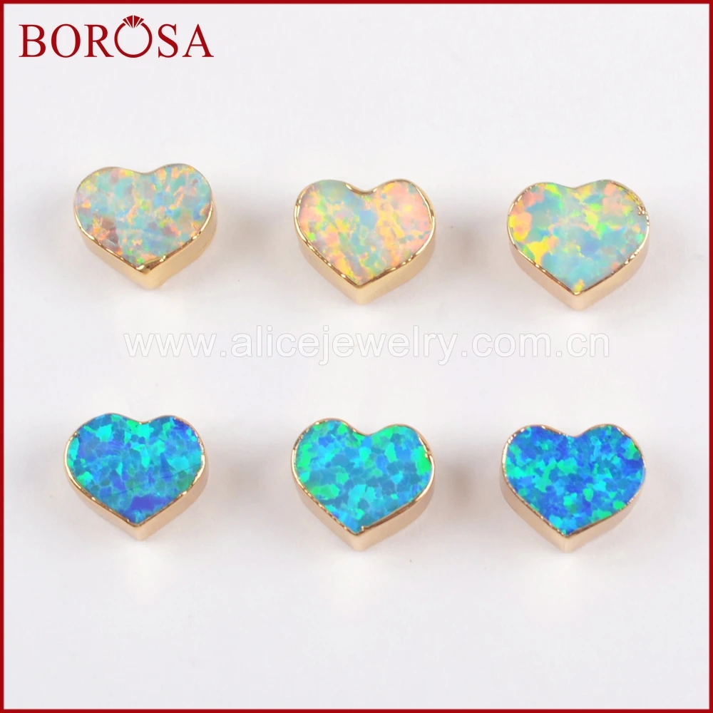 

BOROSA 10pcs 7x8mm Heart Japanese Opal Side Drilled Beads Plating Gold Man-made Opal Pendant Bead for DIY Necklace G1564