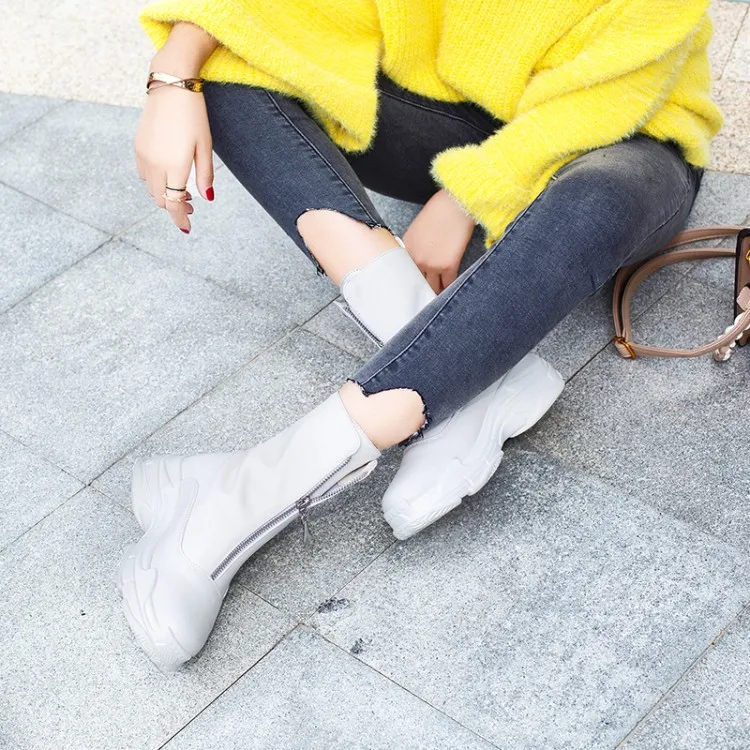 Для женщин сапоги осень-зима Обувь на среднем каблуке теплые из искусственной кожи на платформе на молнии модные ботинки до середины икры круглый носок г. пикантные сладкий белый черный Размеры 34–46