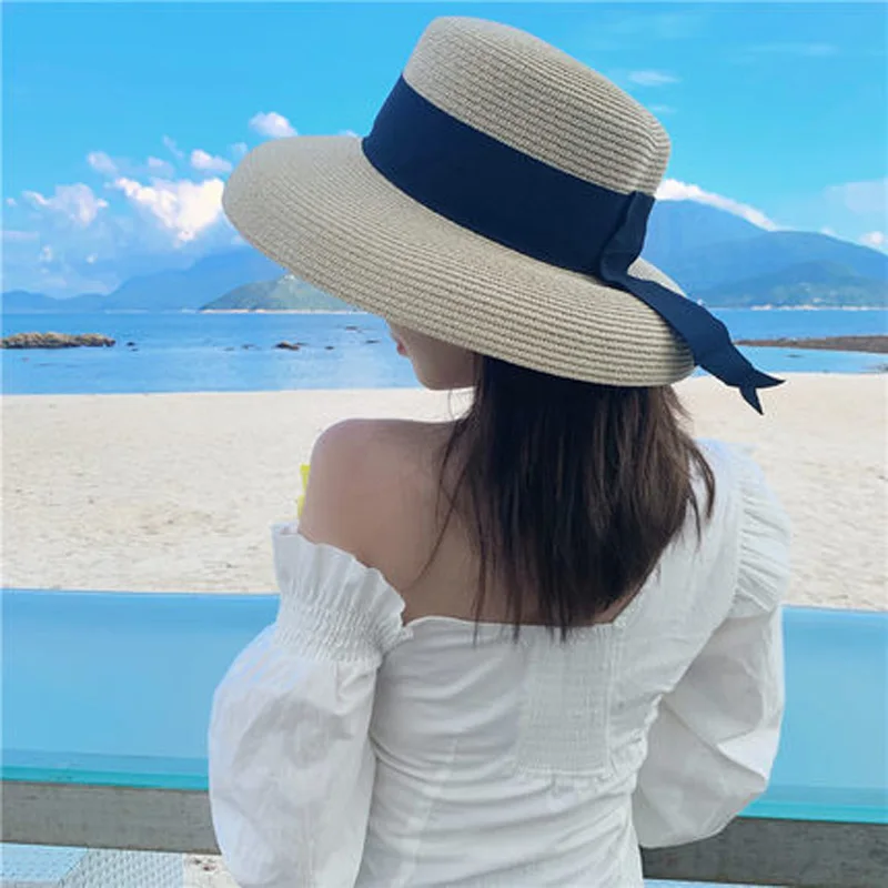 Ymsaid Women's Sun Hat Summer Beach Straw Hat Women Boater With Ribbon Tie For Vacation Holiday Audrey Hepburn