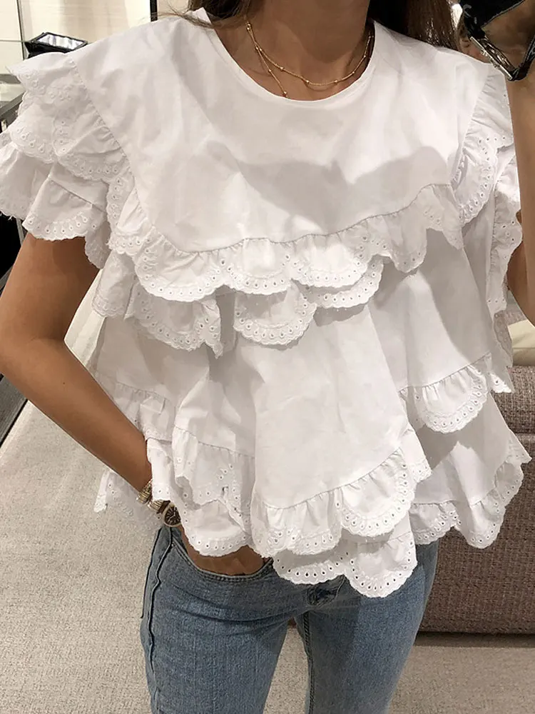 Spring and Summer Elegant Women Shirts Irregular Layers of Wooden Ear Doll Shirts Hollow Lace Stitching Flounce Shirts