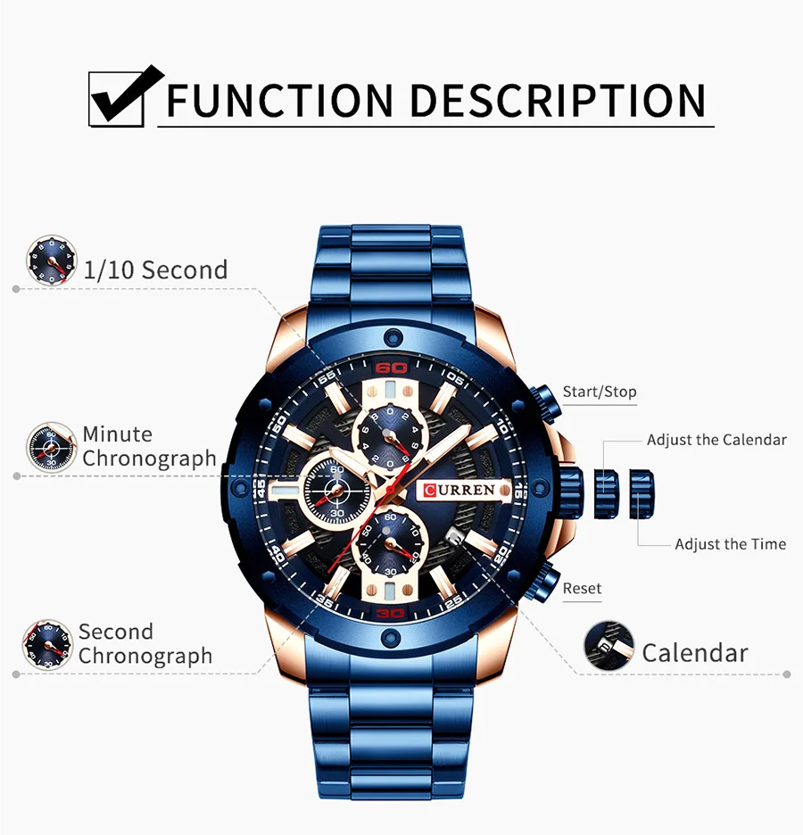 CURREN часы Мужские наручные часы из нержавеющей стали с большим циферблатом мужские кварцевые наручные часы Военные Спортивные часы для мужчин