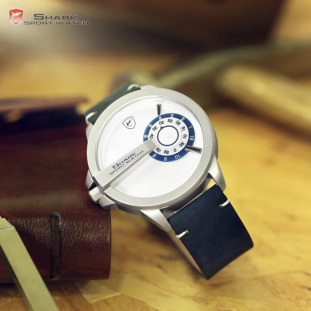 NEW SHARK Sport Watch Turntable Dial Special Design Quartz Crazy Horse Leather Band Waterproof Men Wrist Creative Watches /SH561