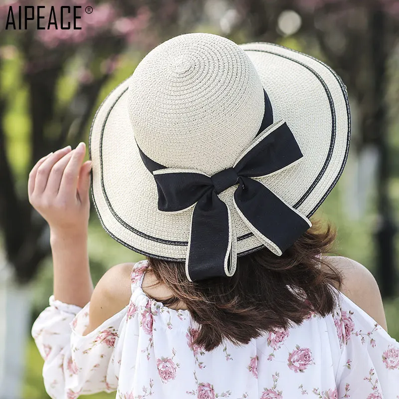 

2019 women sunbonnet female fashion casual Bow decoration Outdoor folding straw hat lady Summer beach hat woman elegant sun hat