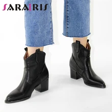 SARAIRIS/ботинки размера плюс; большие размеры 32-48; Цвета: черный острый носок; женские зимние ботильоны в стиле "Вестерн" Для женщин женская обувь на высоком каблуке