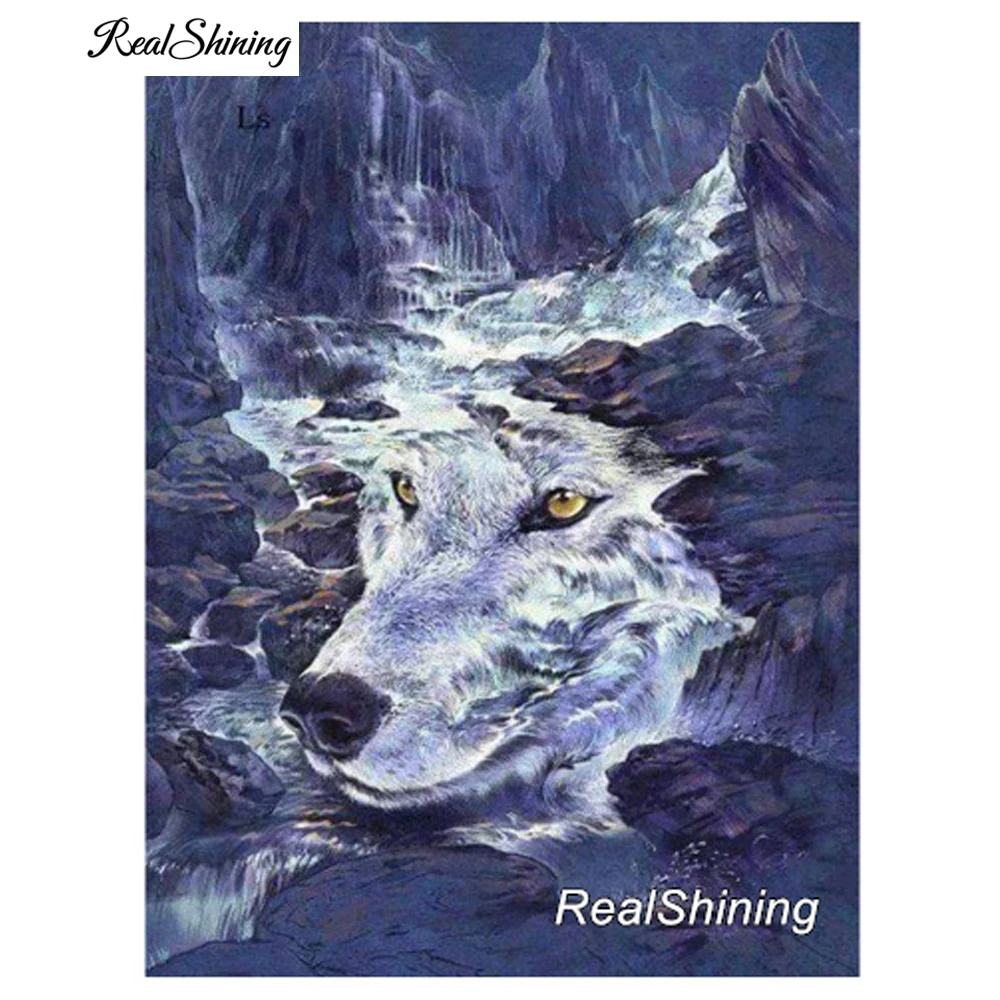 

REALSHINING DIY 5D Diamond Painting Full Square Needlework Diamond Embroidery Wolf Waterfall Cross Stitch Home Decoration DM289