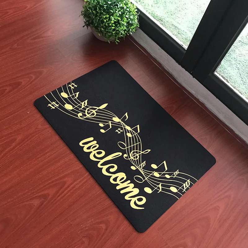 

Customize Black and Gold Funny Welcome Mat for Front Door Musical Note Print Music Bar Entrance Stair Carpet