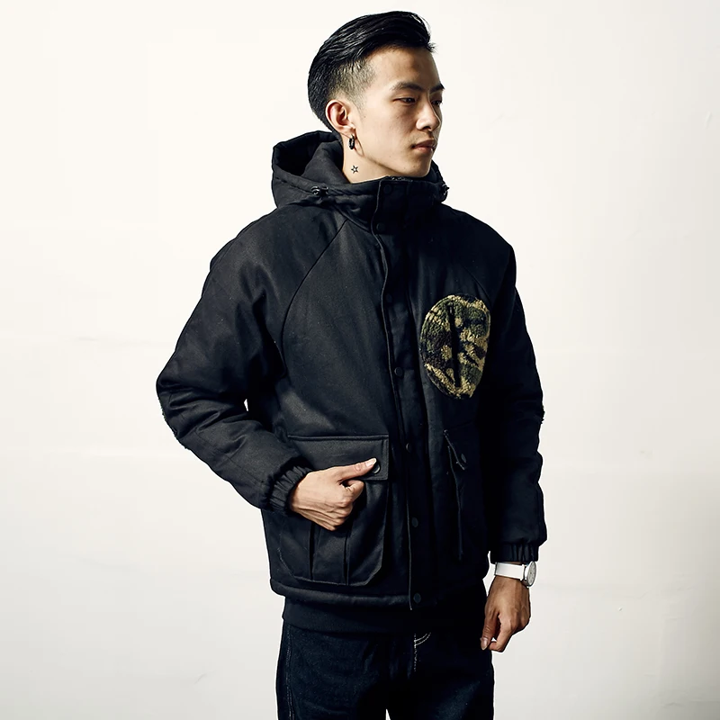 The original winter new brand cotton wool denim sleeve patch mosaic Camo lamb coat jacket male students