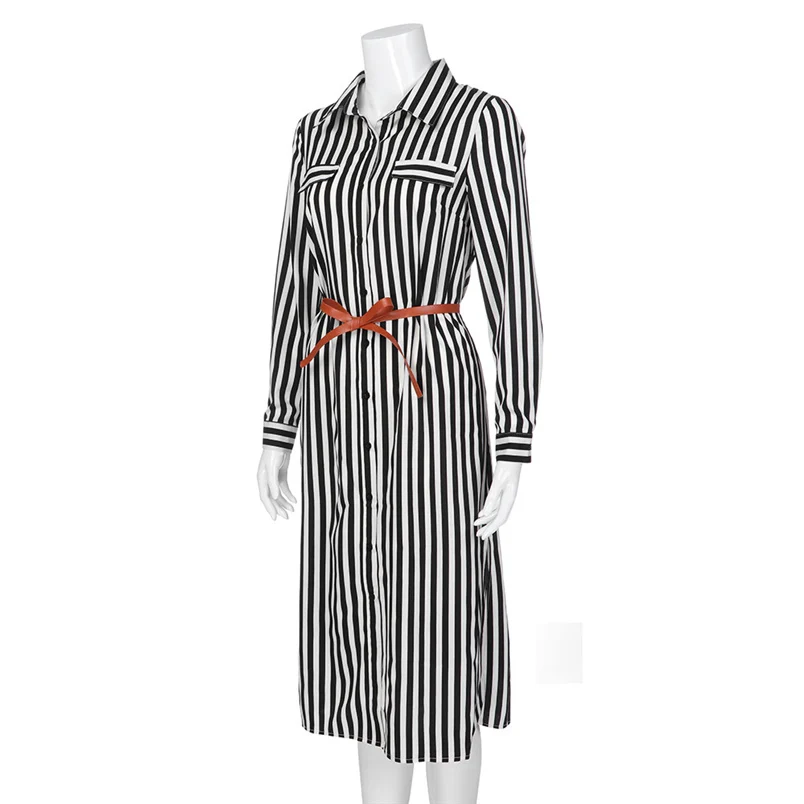 Women Autumn Dress Fashion Stripe Printed Long Sleeves Button Bandage Belt Shirt Long Dress Elegant Vestido Wholesale #K07 (2)