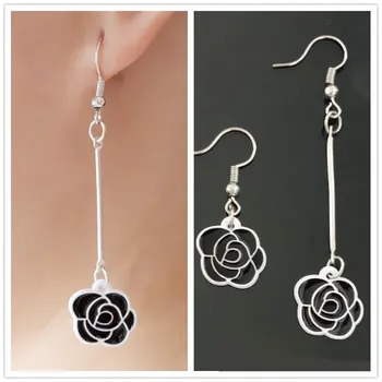 

EK2082 Korean Fashion Lovely Asymmetric Black Rose Flower Drop Earring Long Earrings For Women Wedding Jewelry Girlfriend Gift
