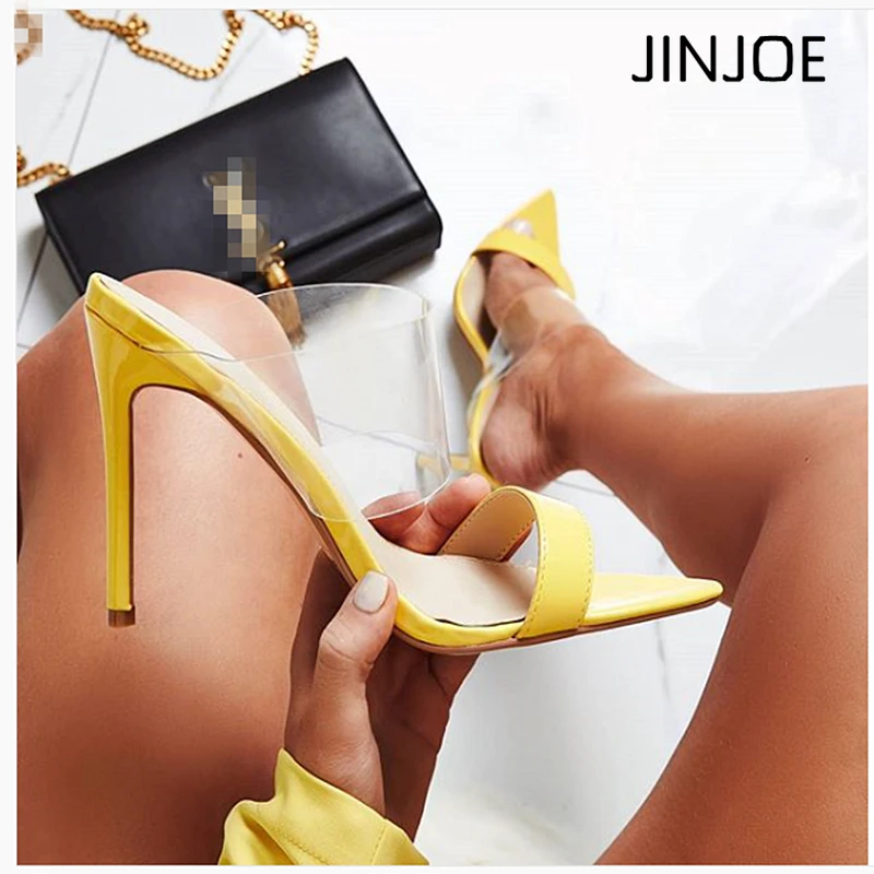 

JINJOE shoes women Summer New Crystal Sandals Open Toe PVC Sexy Thin Heels Women High Heels Slippers Pumps Gladiator silvery
