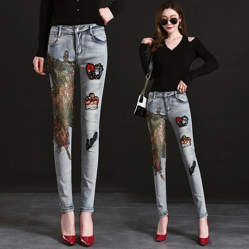 Европейская станция летние новые мешковатые джинсы для женщин вышивка показать тонкие широкие ноги возраст снижение девять точек джинсовый тренд