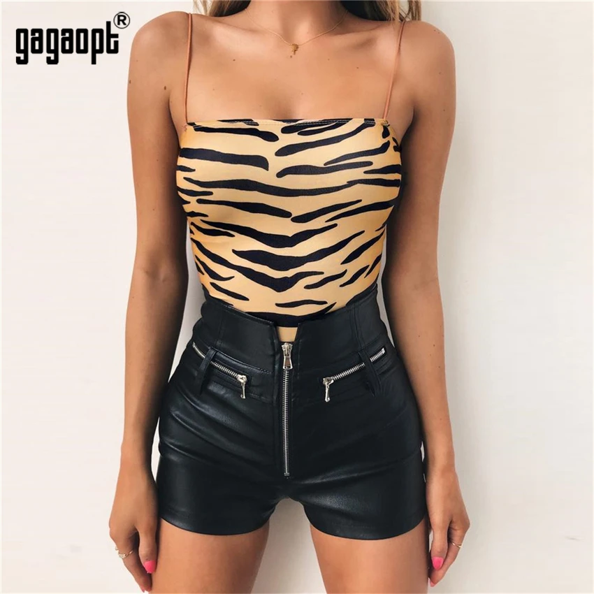 

Gagaopt 2019 Spring Animal Print Sleeveless Bodysuit Women Fashion Sexy Bodysuit Yellow Bodycon Bodysuit Jumpsuit Overalls