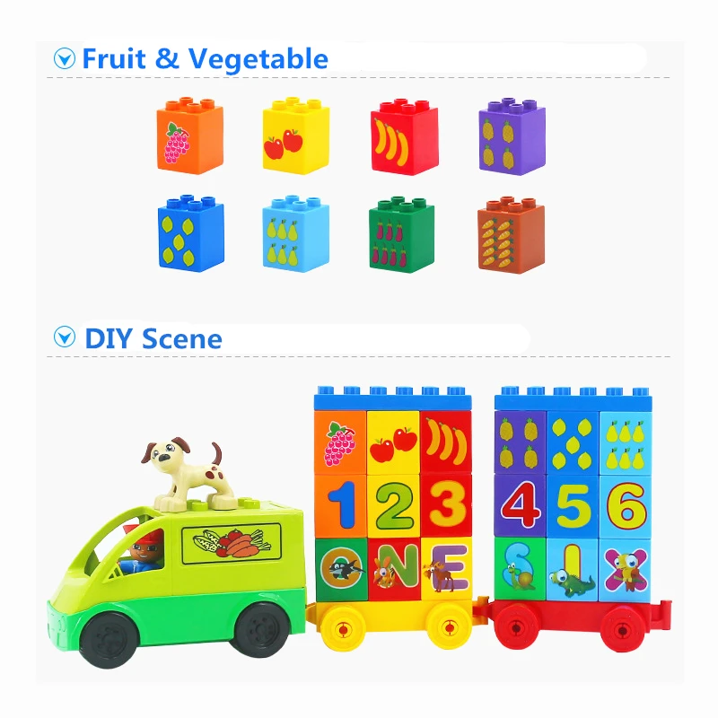 DIY Duploe Bricks Accessories Number Letters Fruits Vegetables Big Size Building Blocks Kids Duploed Toys For Children Gifts